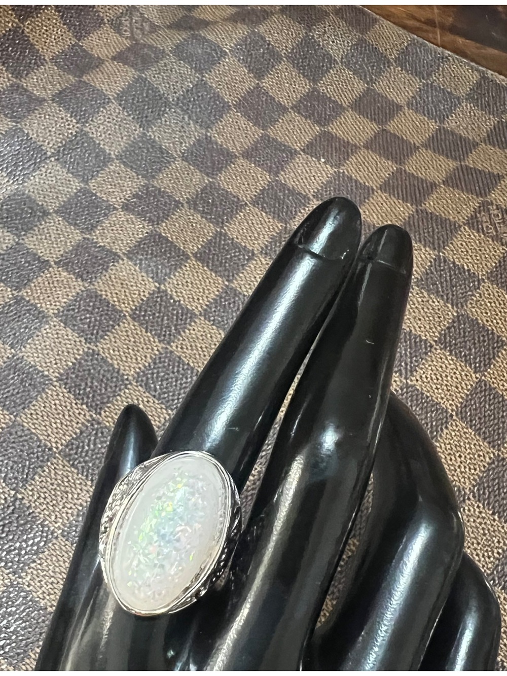 Silver Tone Metal Oval White Opal Bezel Set Cocktail Ring 9.25